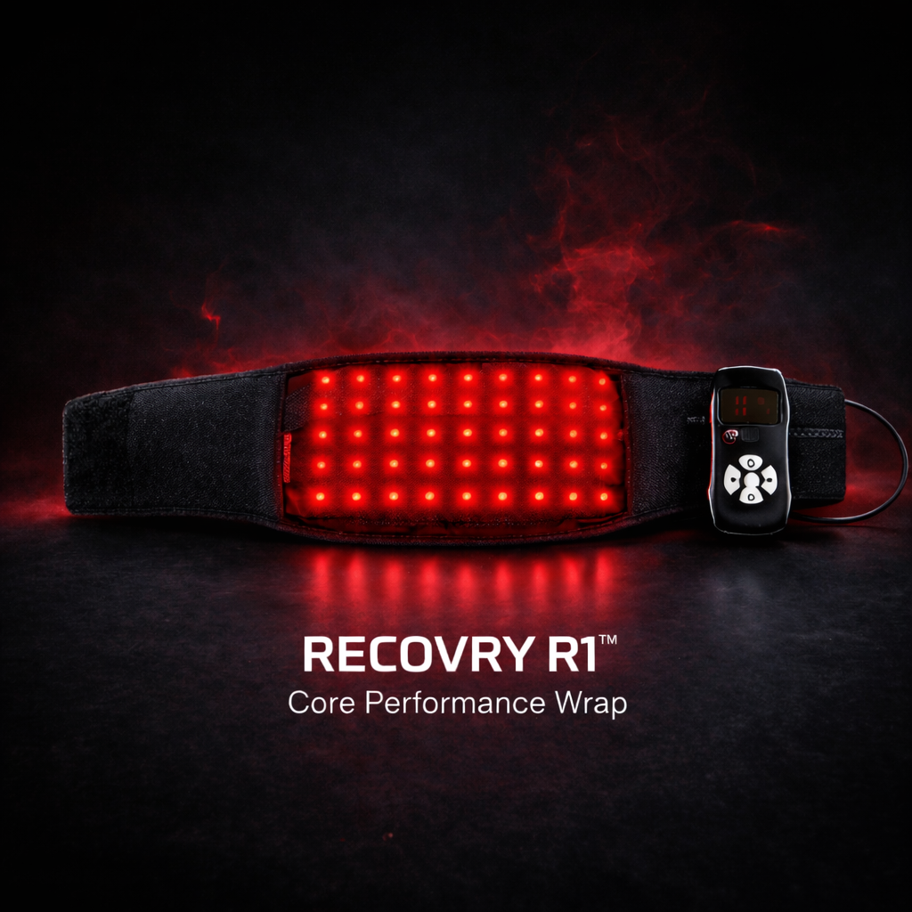 RECOVRY R1 core performance wrap with red light display on a dark background